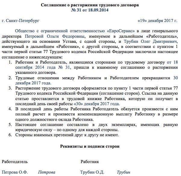 Увольнение по обоюдному согласию с выплатой компенсации